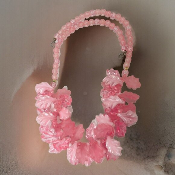 Pink Molded Lucite Leaf Frosted Bead Runway Couture Necklace 24”